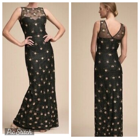 Anthropologie  BHLDN black shimmer sleeveless maxi with pink flowers - size 14 - Picture 1 of 12